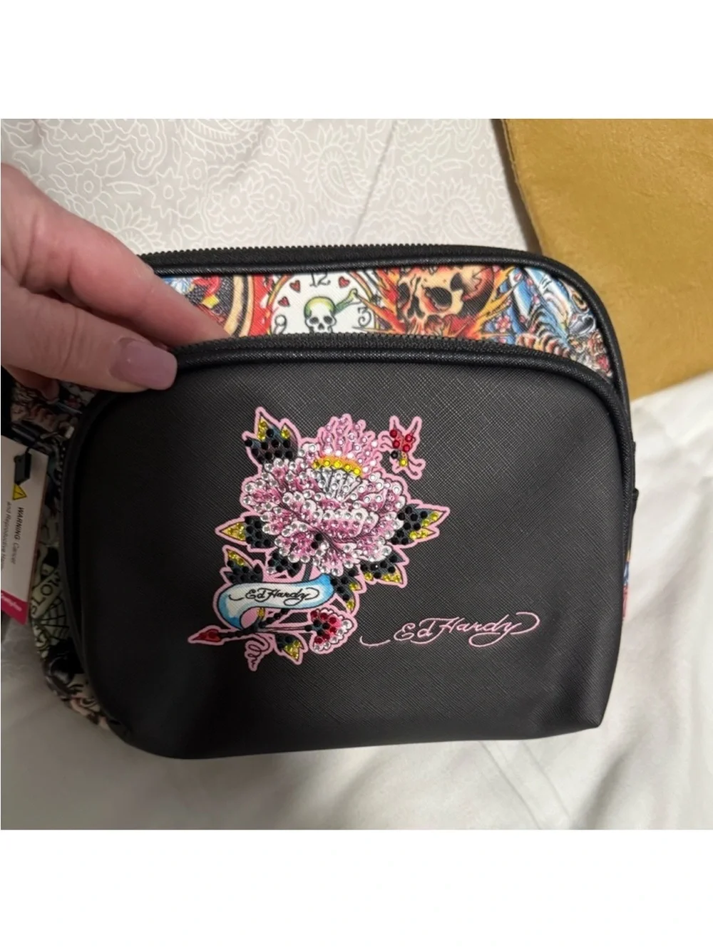 Ed Hardy Black and Pink Floral Cosmetic Bag set. NWT